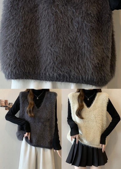 Diy Beige V Neck Cozy Faux Fur Knit Top Fall