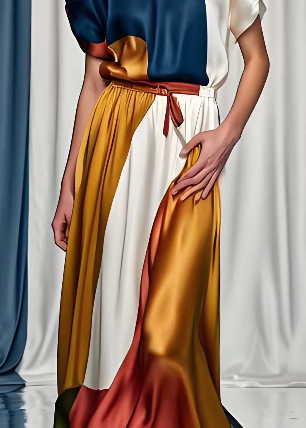 Boutique Colorblock O Neck Tops and Skirts Silk Dress Summer