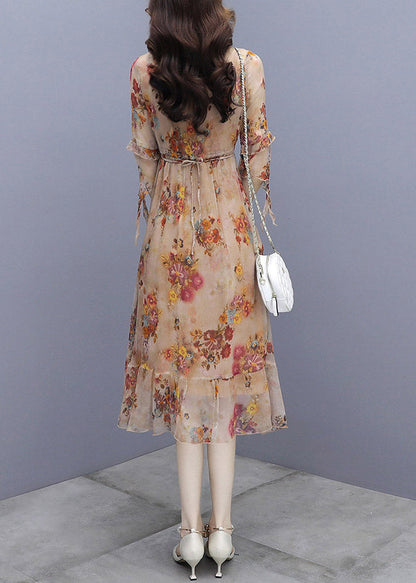 V Neck Print Patchwork Rivet Chiffon Long Dresses Half Sleeve