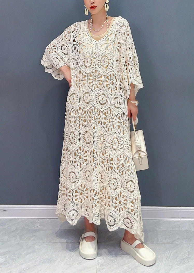Simple Apricot O-neck Hollow Out Knit Maxi Dress Long Sleeve Summer