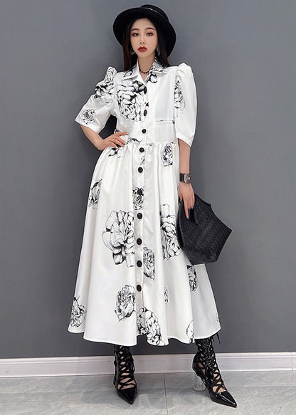 White Peter Pan Collar Print Chiffon Maxi Cinch Dress Half Sleeve