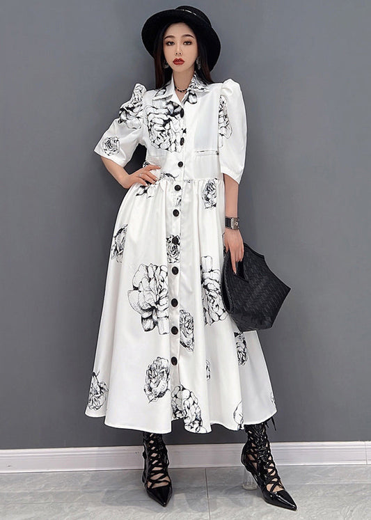 White Peter Pan Collar Print Chiffon Maxi Cinch Dress Half Sleeve
