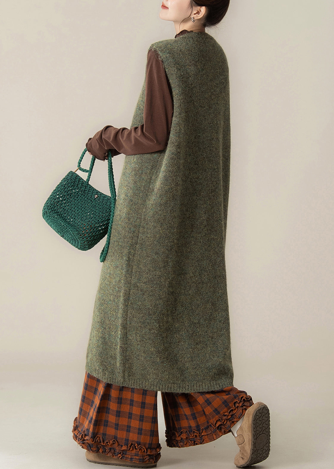 Style Green O-neck Cotton Knit Long Sweaters Dress ,top and Wide Leg Pants Three Pieces Set Sleeveless