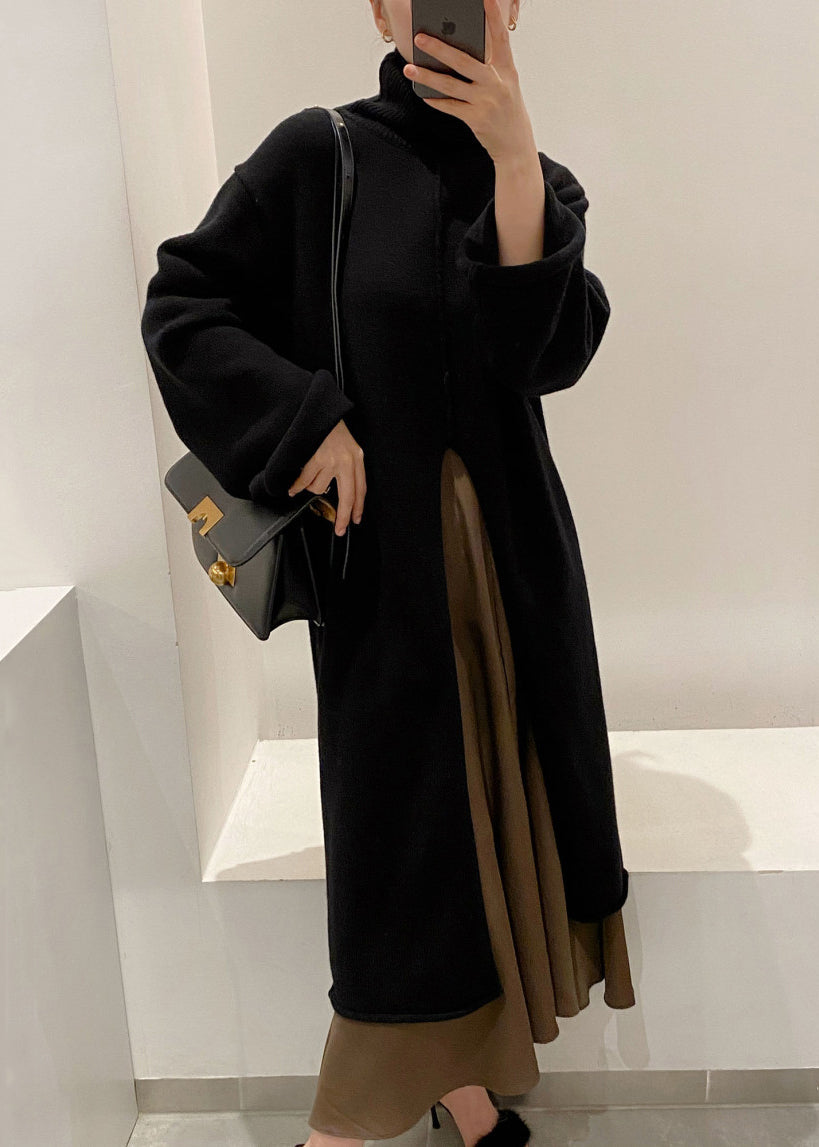 Black Front Open Knit Winter Sweater Dress Turtleneck