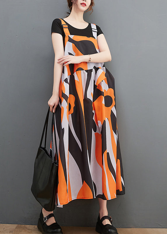 Orange Print Patchwork Long Spaghetti Strap Dresses Ruffles Summer