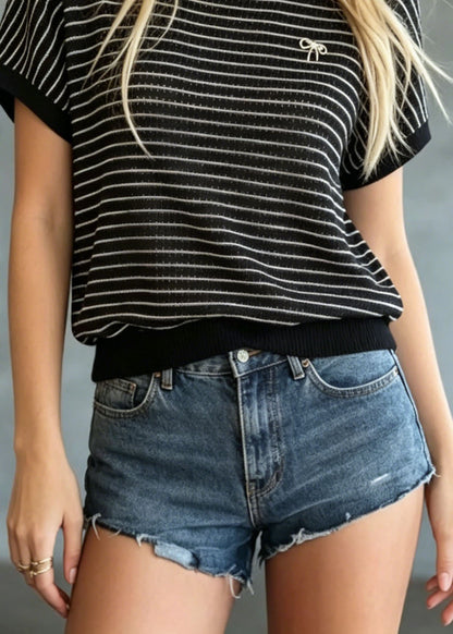 Modern Black O Neck Striped Ice Silk Knit Top Summer