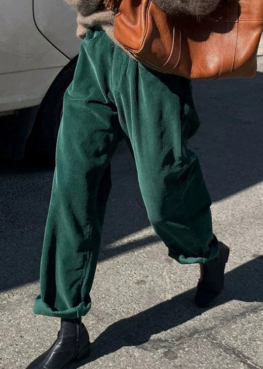 Green Pockets Corduroy Straight Pants Fall