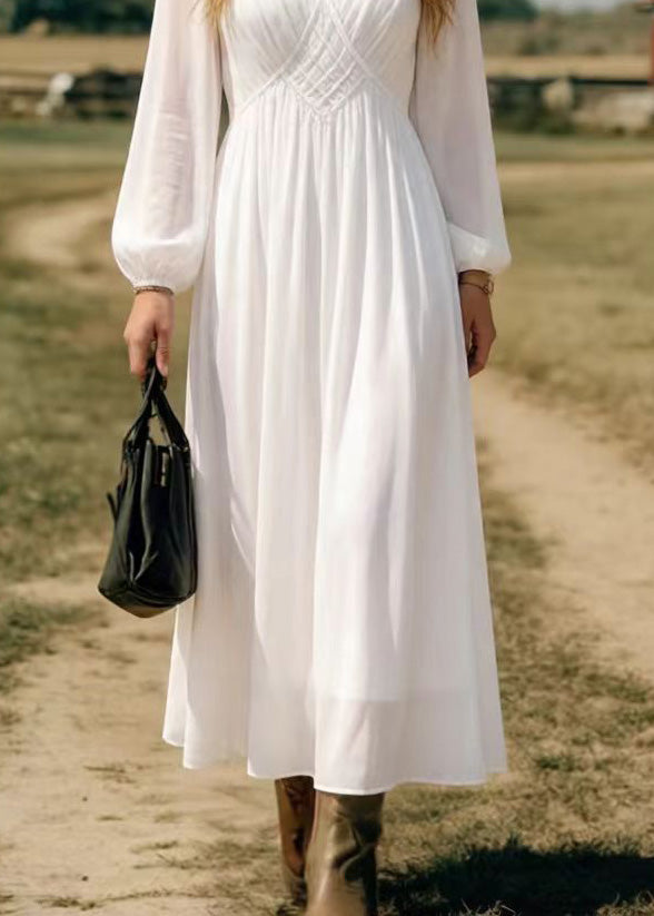 Simple White V Neck Chiffon Long Dress Spring