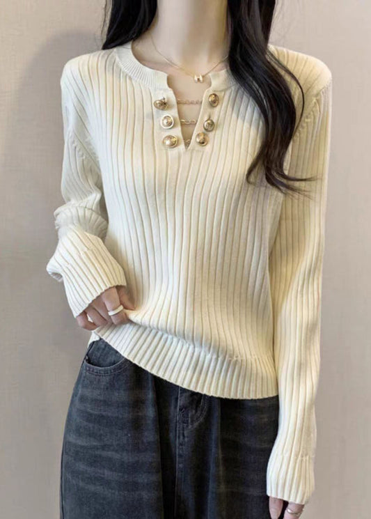 Boutique White V Neck Cotton Knit Sweater Spring