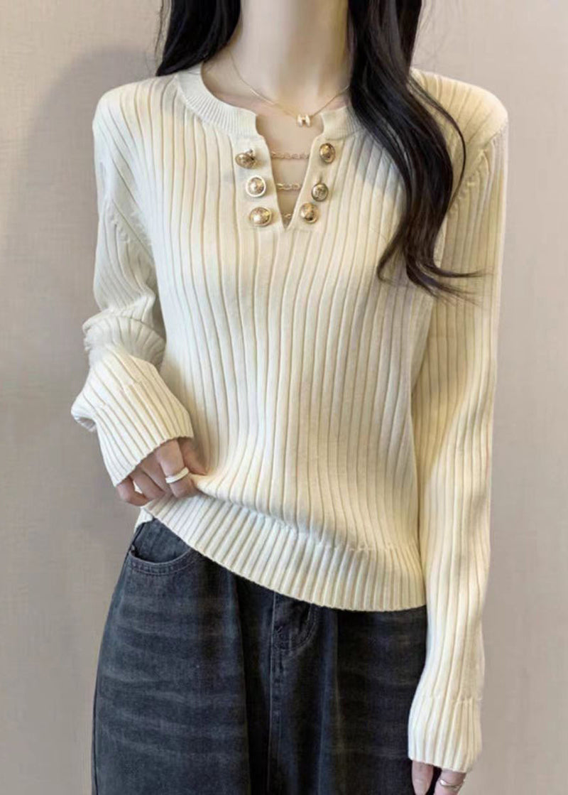 Boutique White V Neck Cotton Knit Sweater Spring