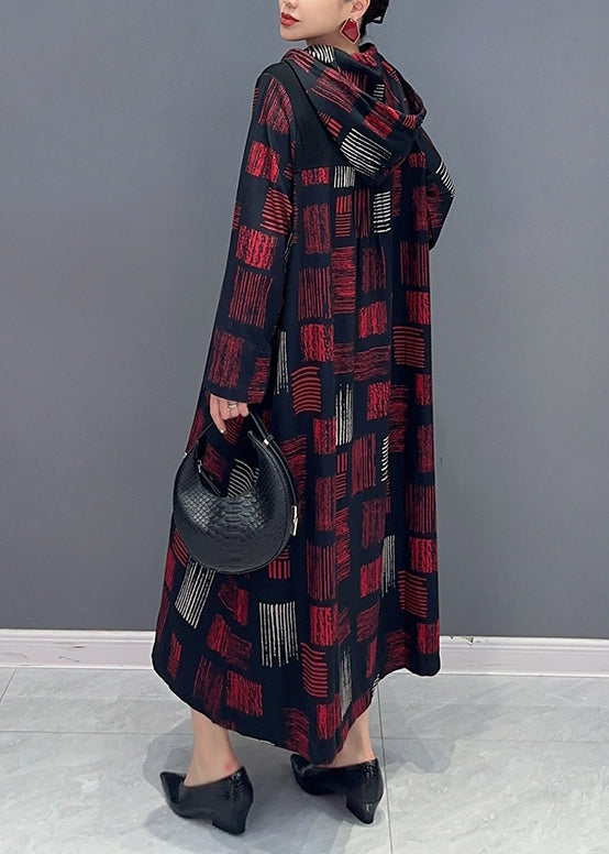 Red Hooded Plaid Patchwork Cotton Long Dress Fall