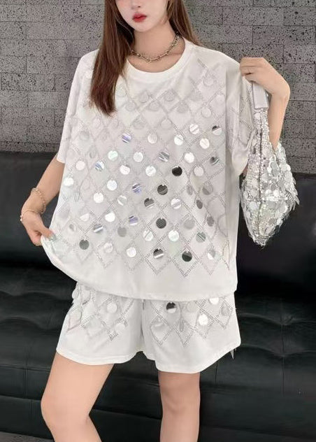 Organic White Sequins Cotton Two Piece Set Clothing Summer