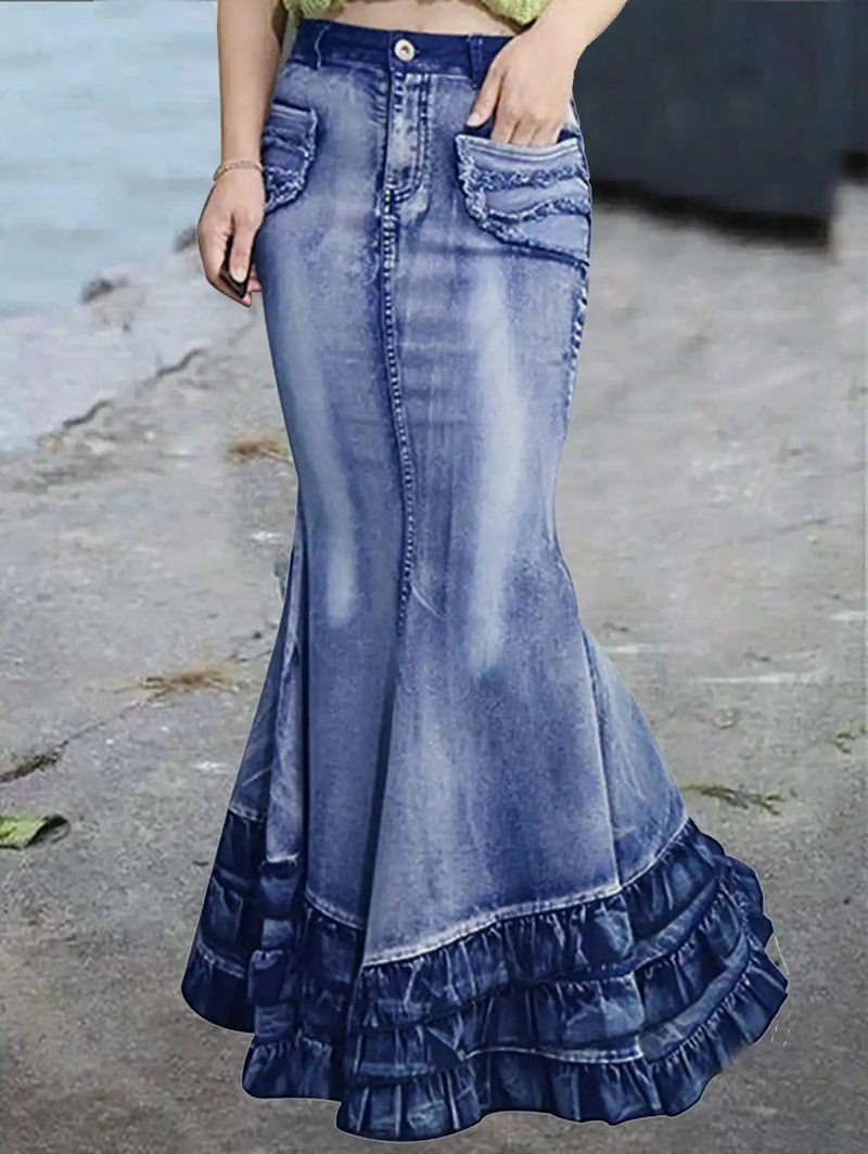 Plain Spliced Mermaid Hem Denim Skirt
