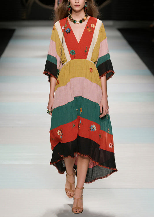 Natural V Neck Patchwork Cotton Long Dress Summer
