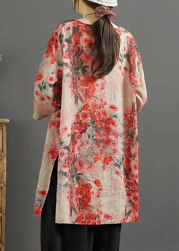 Loose Red O-neck Print Side Open Ramie Tops Bracelet Sleeve