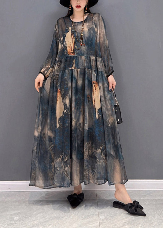 O-neck Print Tulle Patchwork Wrinkled Chiffon Dresses Long Sleeve
