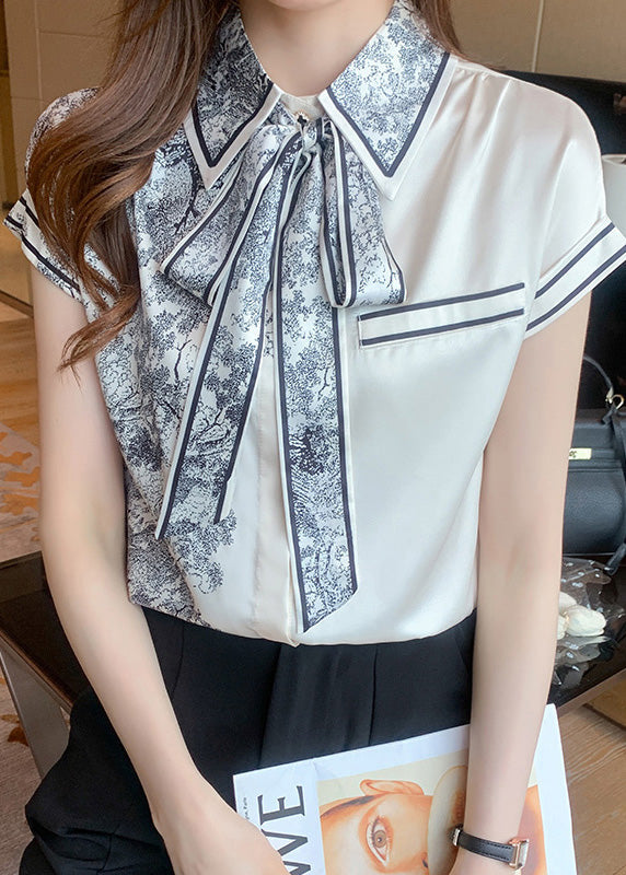 Peter Pan Collar Print Bow Silk Shirts Summer