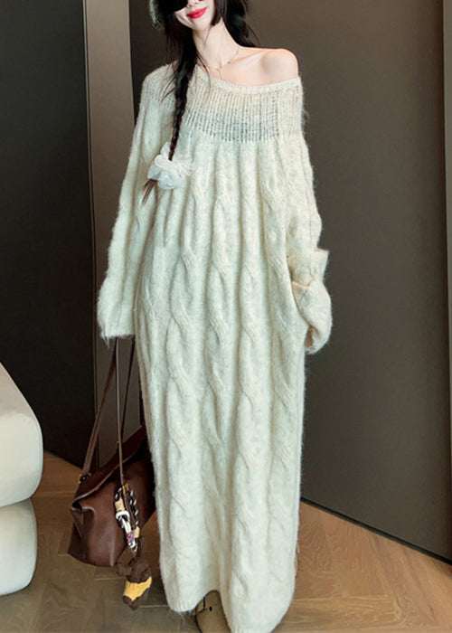 Beige Hollow Out Long Cable Knit Dress Spring