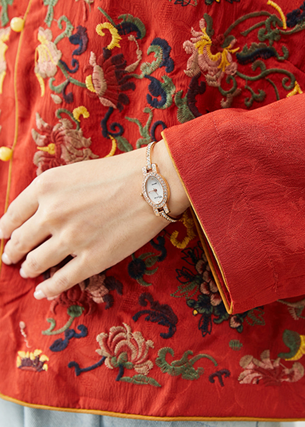 Red Mandarin Collar Embroideried Silk Shirt Top Fall