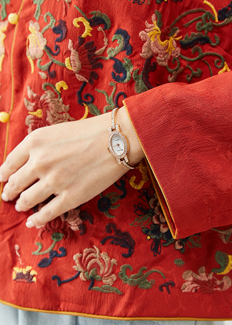 Red Mandarin Collar Embroideried Silk Shirt Top Fall