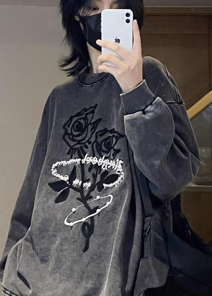 Dark Grey O-neck Rose Print Warm Fleece Pullover Long Sleeve