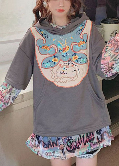 Art Grey Hooded Embroideried Print Cotton Two Piece Set Clothing