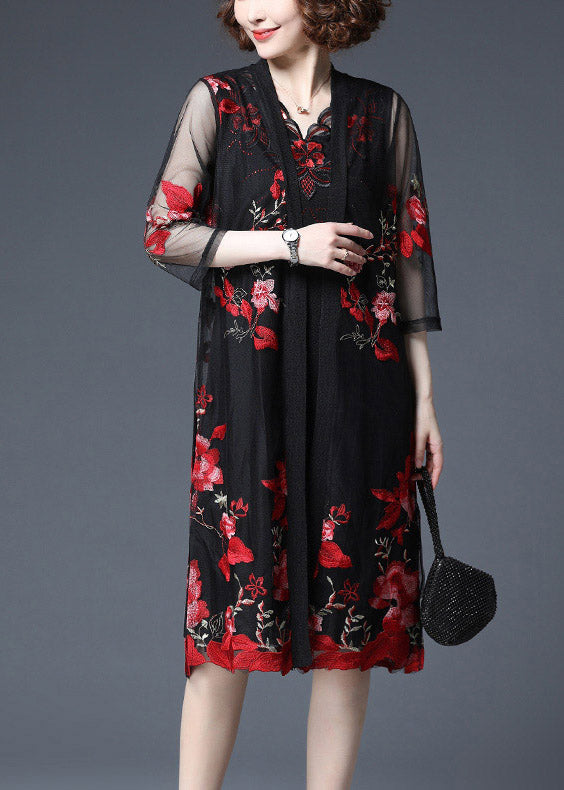 Red Embroideried Tulle Cardigans and Tank Dress Two Piece Set Summer