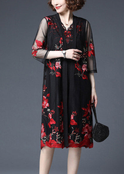 Red Embroideried Tulle Cardigans and Tank Dress Two Piece Set Summer