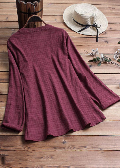 Plaid Side Button V-neck Long Sleeve Shirt Blouse