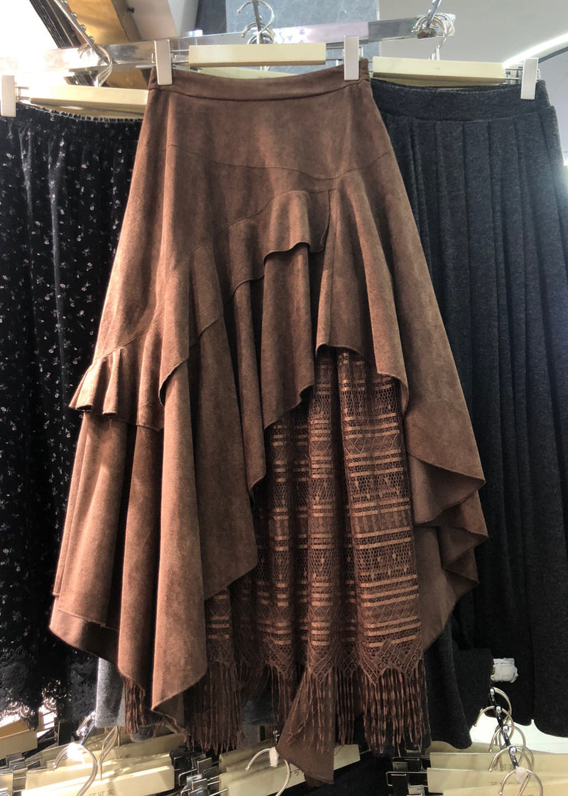 Brown Asymmetrical Patchwork Faux Suede Skirt Winter