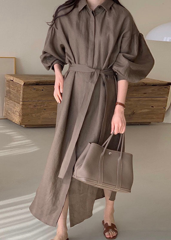 Lantern Sleeve Chocolate Shirts Dress Cinched Spring