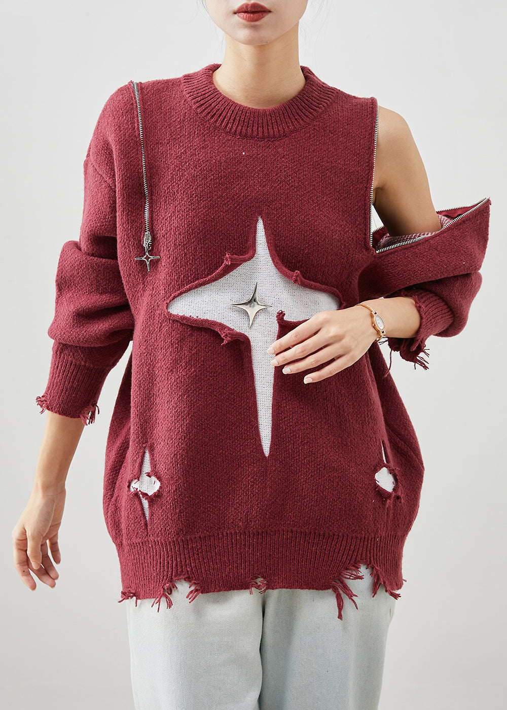 Mulberry Zip Up Cold Shoulder Knit Sweater Tops Winter