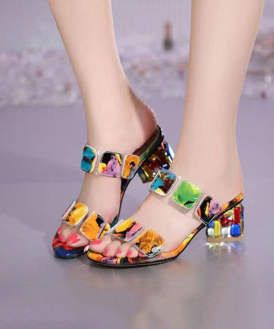 Multi Color Splicing Chunky Heel Peep Toe Slide Sandals
