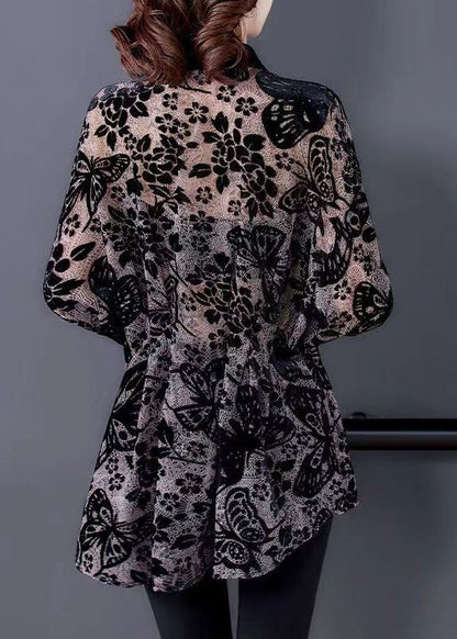 Black Peter Pan Collar Print Patchwork Velour Shirts Tops Fall