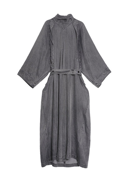 Grey Turtle Neck Pockets Lace Up Denim Long Dresses Fall