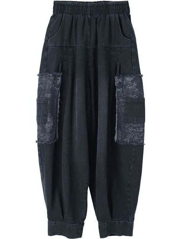 Black High Waist Pockets Wrinkled Patchwork Applique Cotton Harem Pants Fall