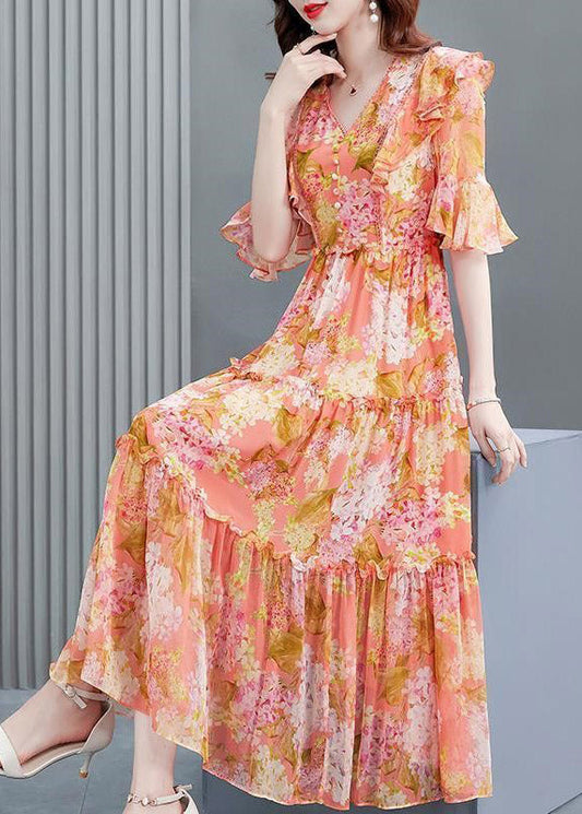 Orange V Neck Print Ruffled Wrinkled Silk Party Long Dress Flare Sleeve
