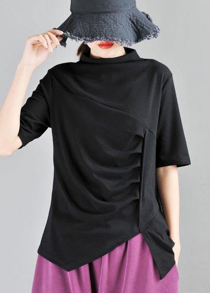 Classy Black High Neck Asymmetrical Design Cotton Tops Summer