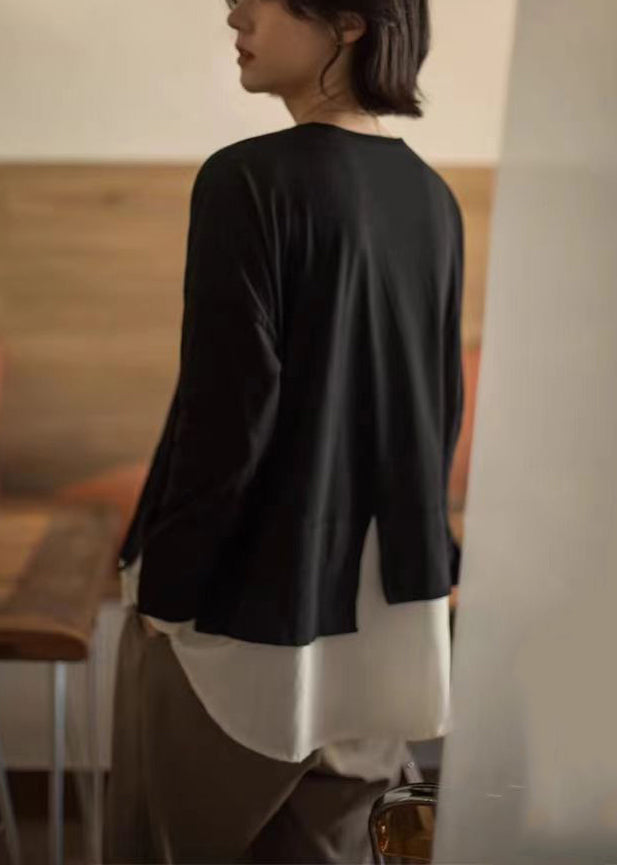 Loose Black O-neck False Two Pieces Cotton T Shirt Long Sleeve