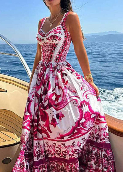 Rose Print High Waist Cotton Spaghetti Strap Dress Sleeveless