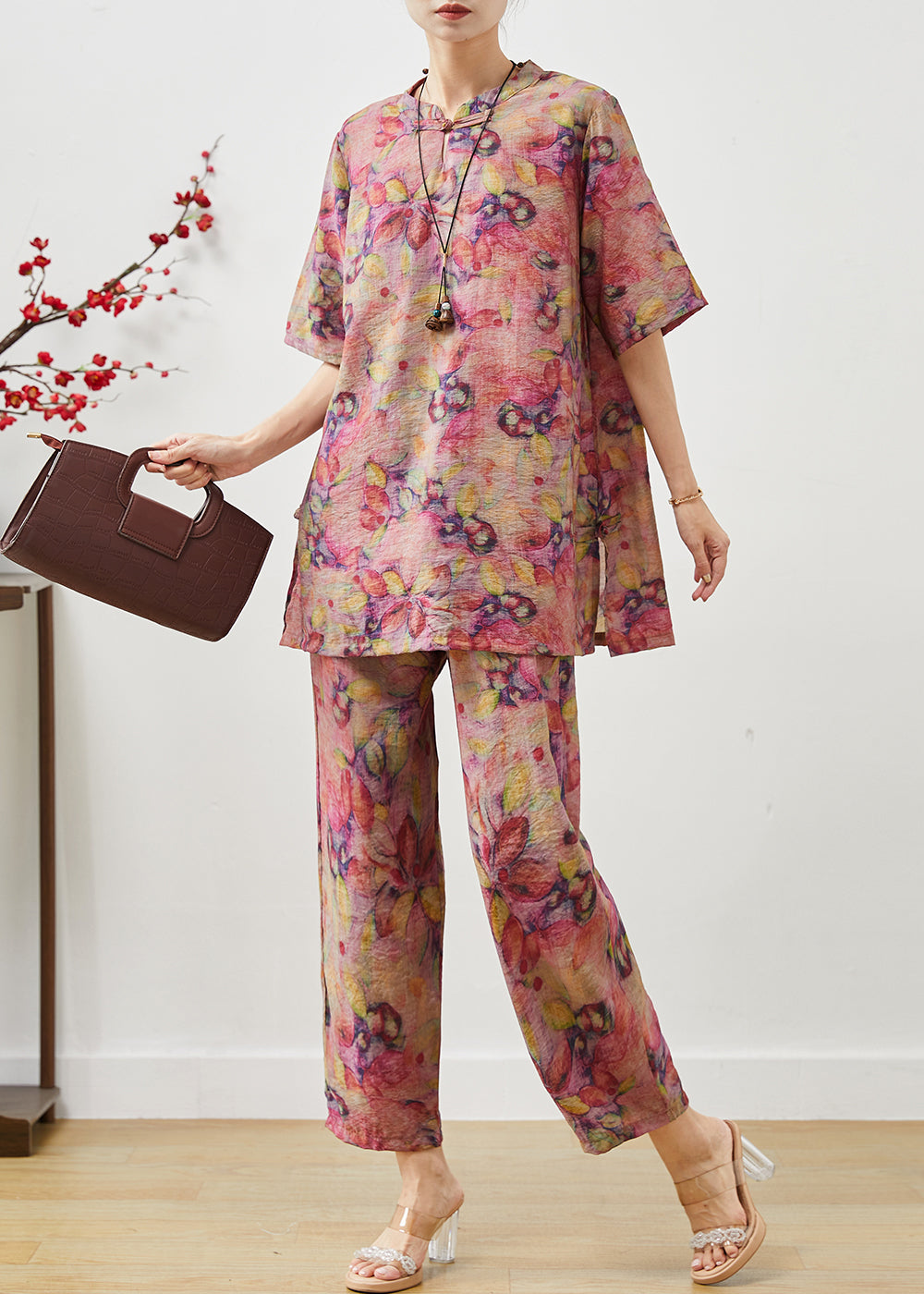 Purple Print Linen Oriental Sets 2 Pieces Summer