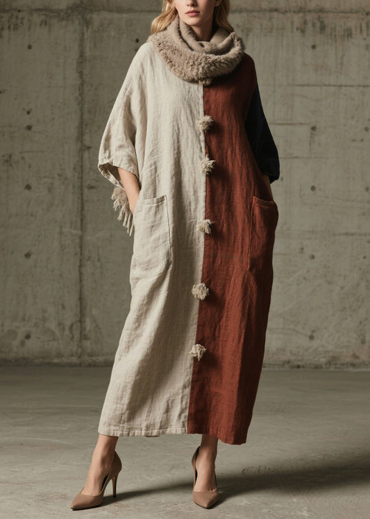 Colorblock Pockets Patchwork Cotton Ankle Dress Fall