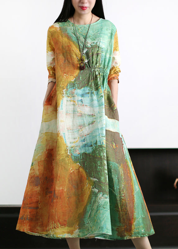 Orange O-neck Wrinkled Asymmetrical Linen Dress Long Sleeve