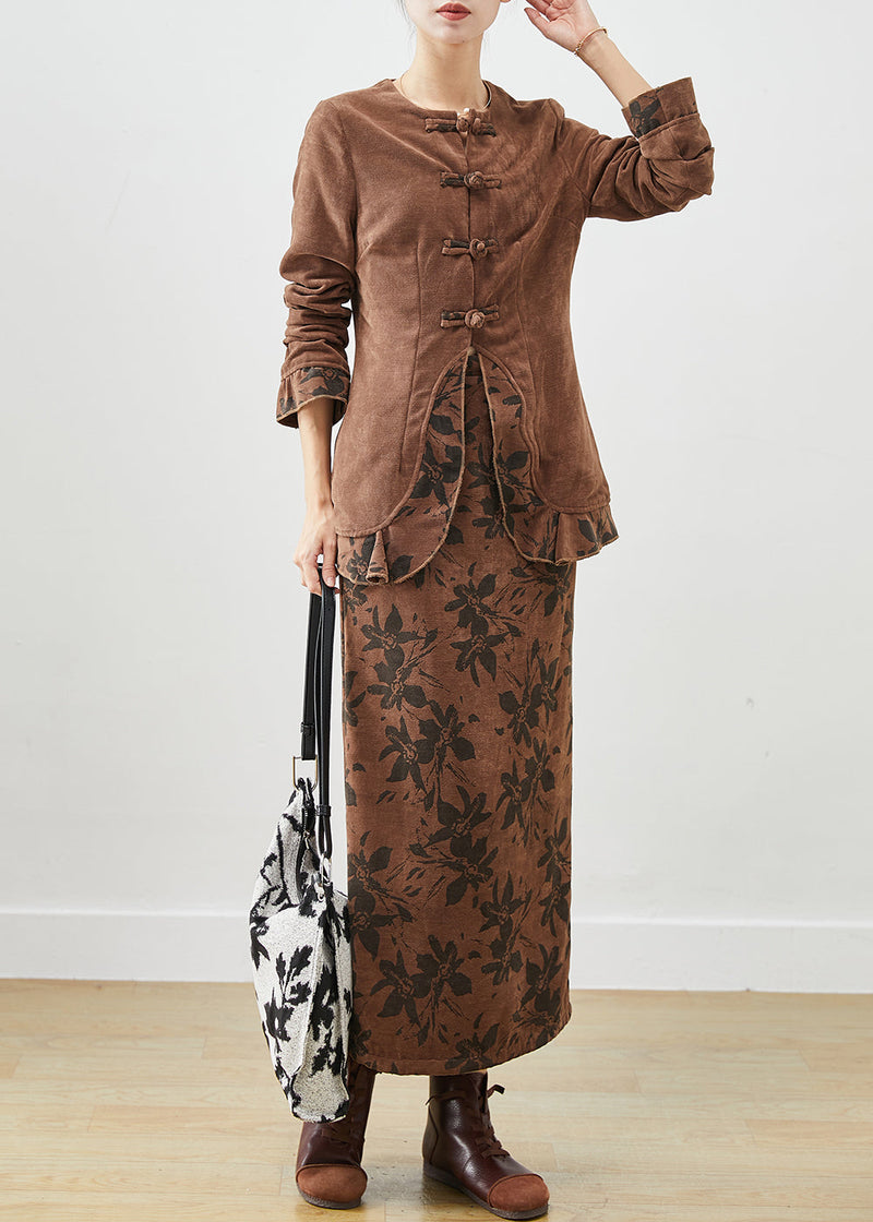 Coffee Print Patchwork Ruffles Cotton Two Pieces Set Winter