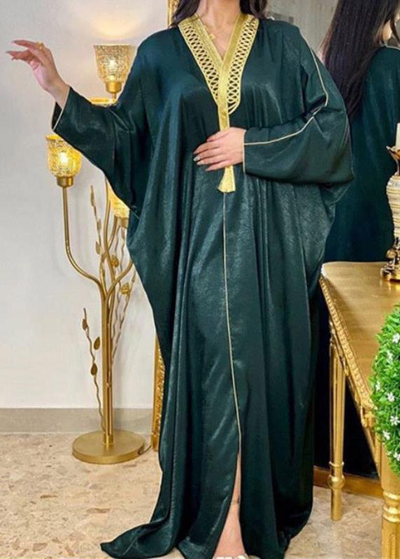 Blackish Green V Neck Patchwork Velour Maxi Dresses Batwing Sleeve