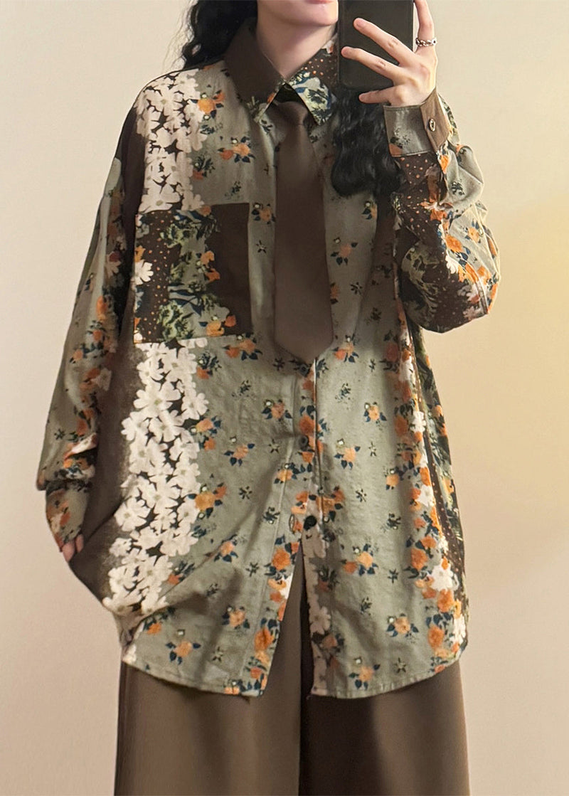 Green Print Button Pockets Cotton Blouses Spring