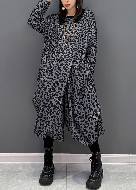 Dark Gray O-neck Asymmetrical Print Top and Harem Pants Two Piece Set Fall