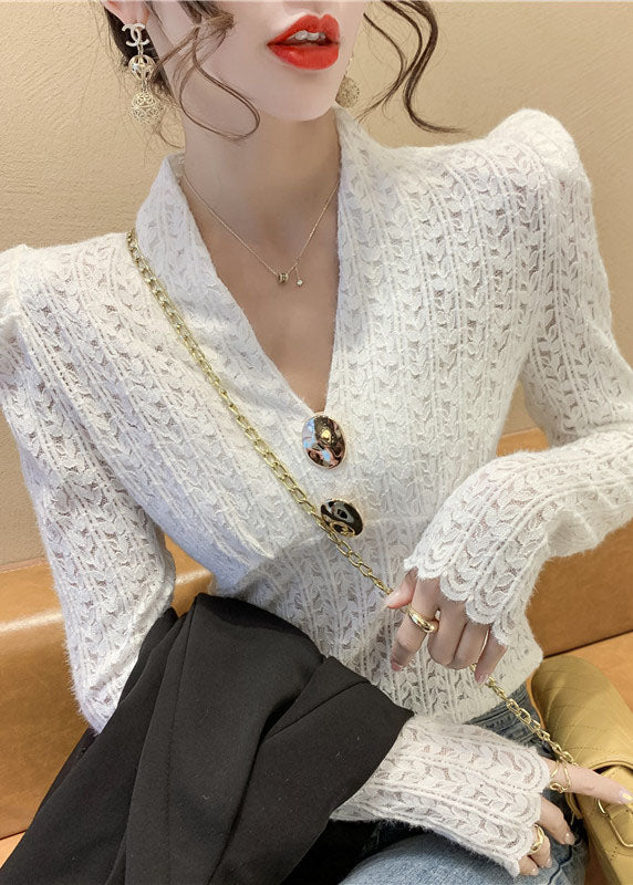 White Sequins V Neck Lace Tops Spring