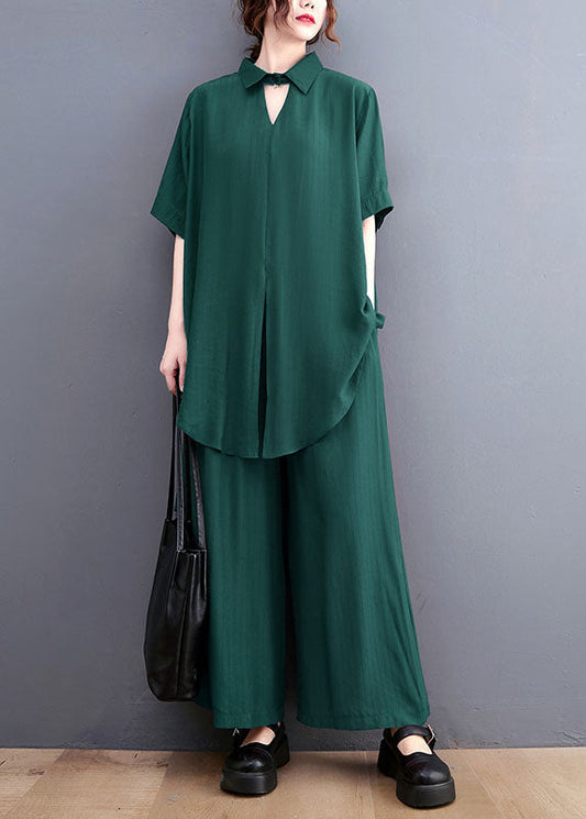 French Green Oversized Side Open Draping Silk Two Piece Set Clothing Summer