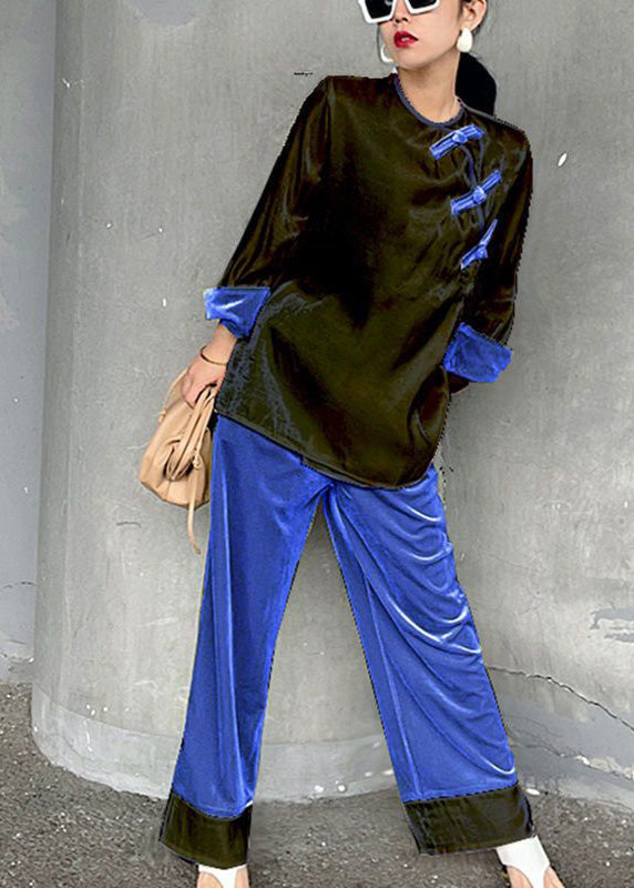 White O-neck Velour Top and Green Wide Leg Pants Two Pieces Set Spring